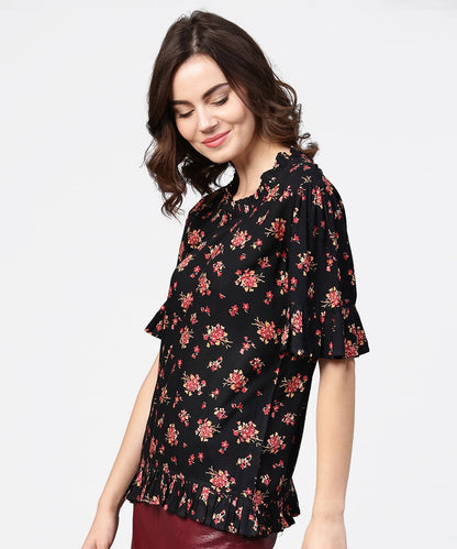 Women's Black Printed Half Sleeve Cotton Tops