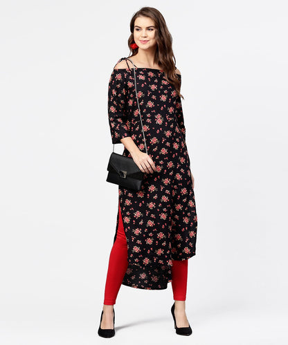Women's Black Printed 3/4Th Sleeve Cotton Kurta