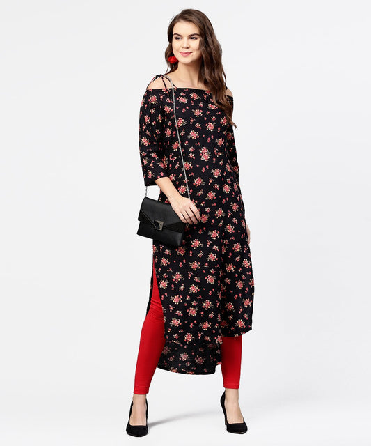 Women's Black Printed 3/4Th Sleeve Cotton Kurta