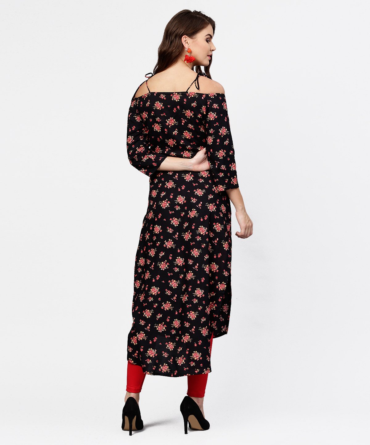 Women's Black Printed 3/4Th Sleeve Cotton Kurta