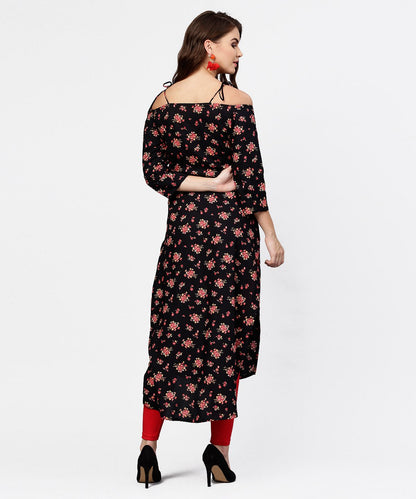 Women's Black Printed 3/4Th Sleeve Cotton Kurta