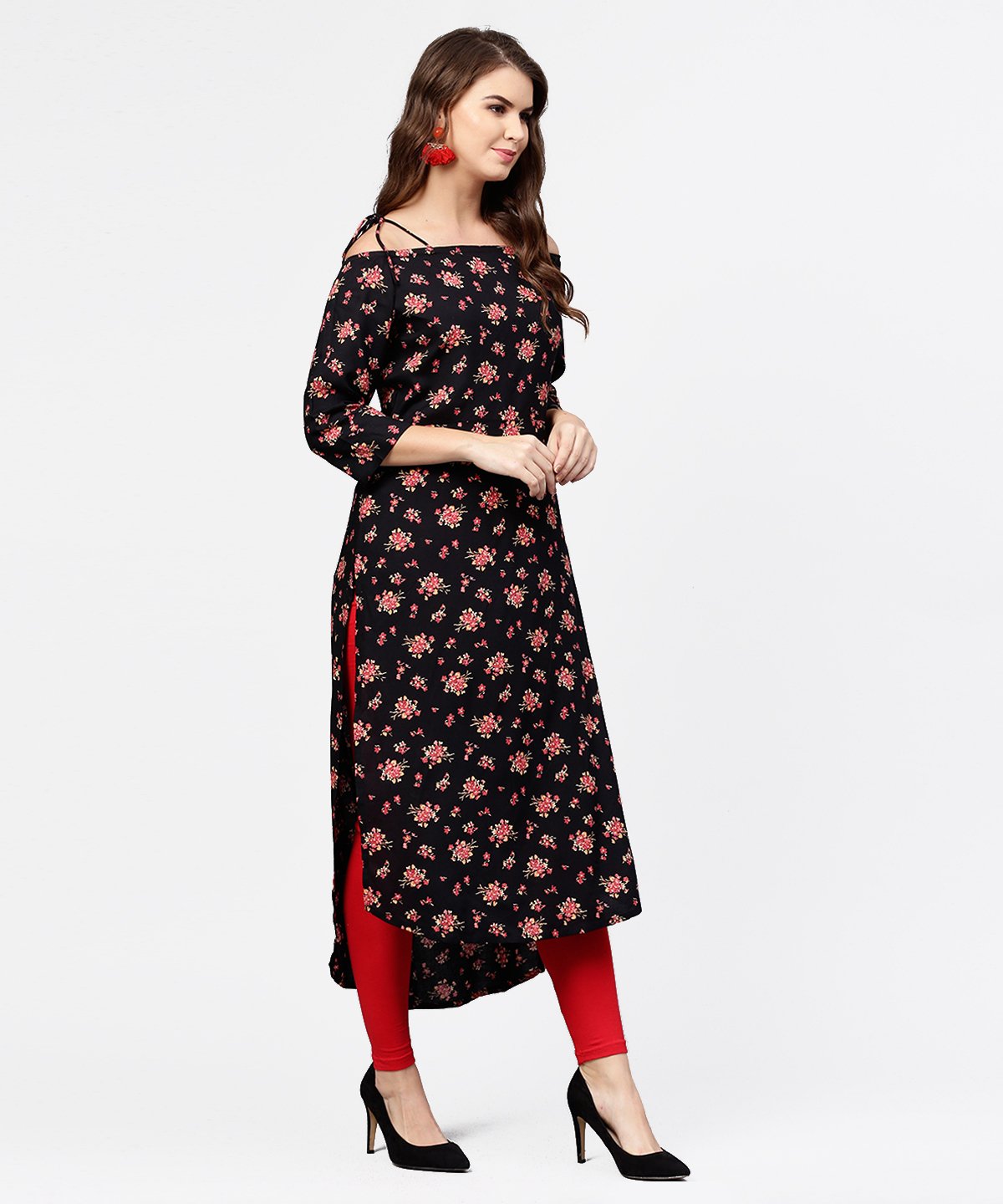 Women's Black Printed 3/4Th Sleeve Cotton Kurta