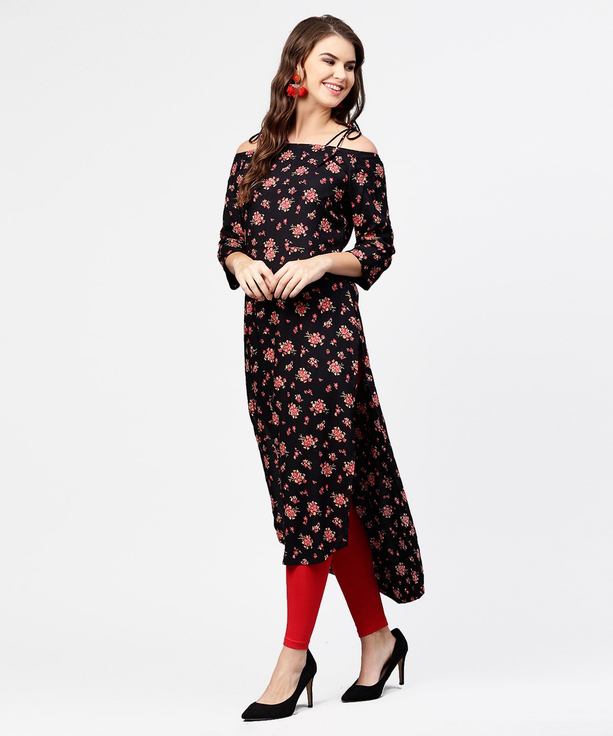 Women's Black Printed 3/4Th Sleeve Cotton Kurta
