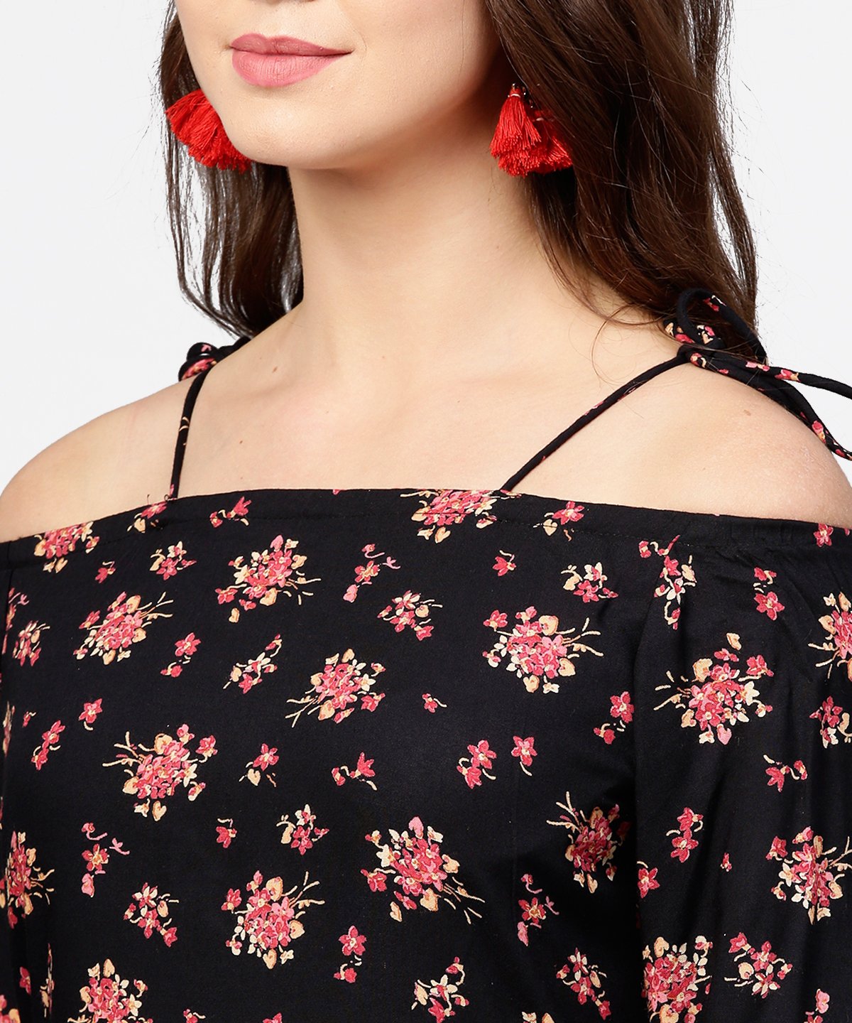 Women's Black Printed 3/4Th Sleeve Cotton Kurta