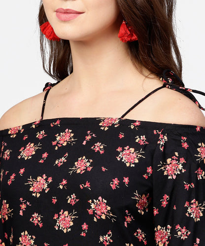 Women's Black Printed 3/4Th Sleeve Cotton Kurta