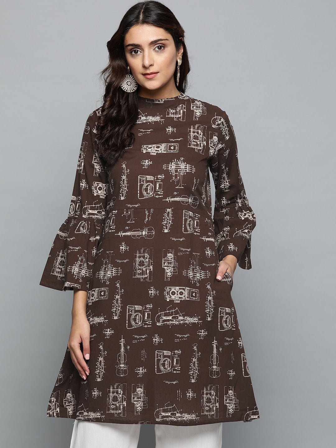 Women's Brown Printed A-Line Dress With Roll Collar & Flared Sleeves