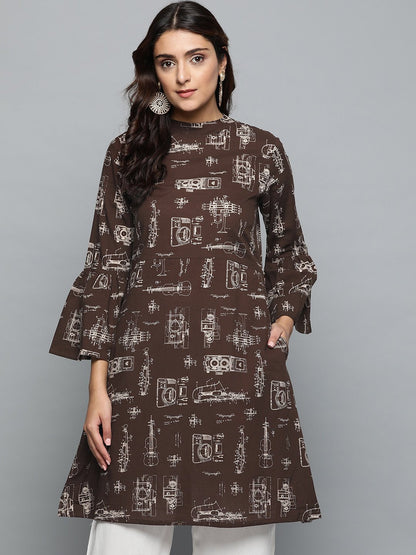 Women's Brown Printed A-Line Dress With Roll Collar & Flared Sleeves