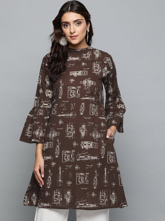 Women's Brown Printed A-Line Dress With Roll Collar & Flared Sleeves