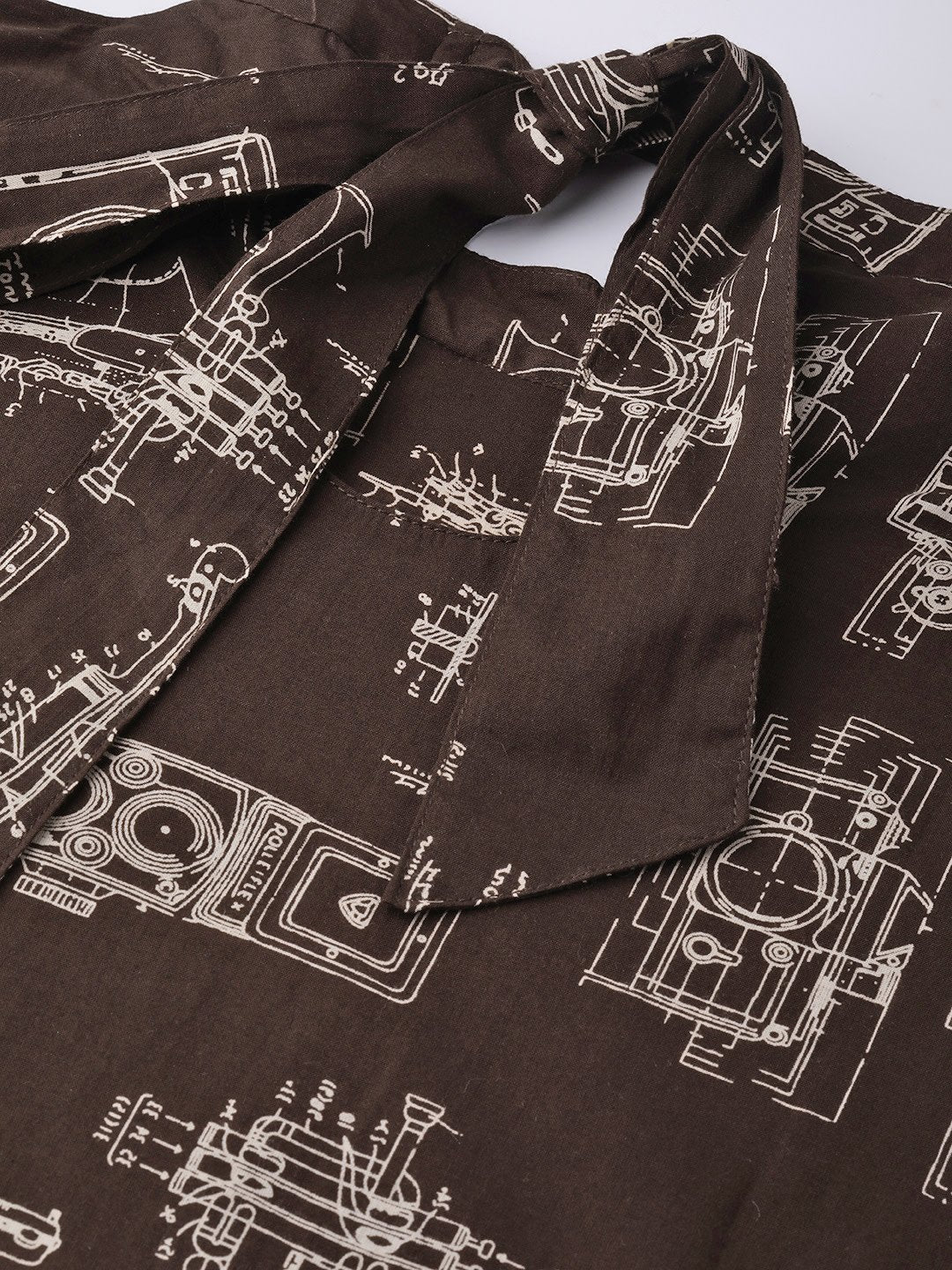 Women's Brown Printed A-Line Dress With Roll Collar & Flared Sleeves