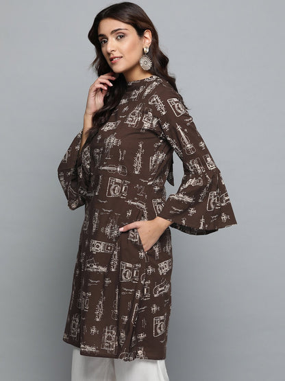 Women's Brown Printed A-Line Dress With Roll Collar & Flared Sleeves