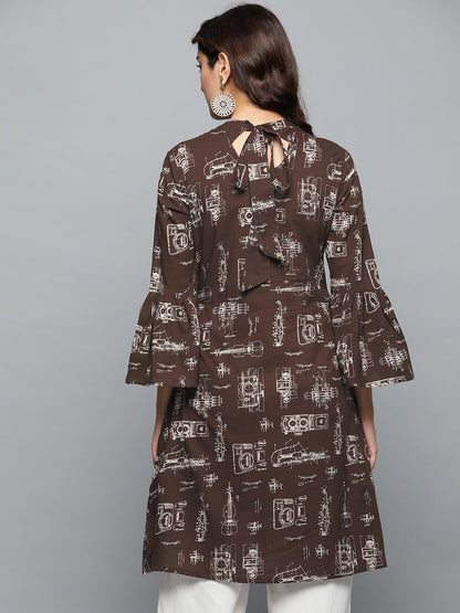 Women's Brown Printed A-Line Dress With Roll Collar & Flared Sleeves