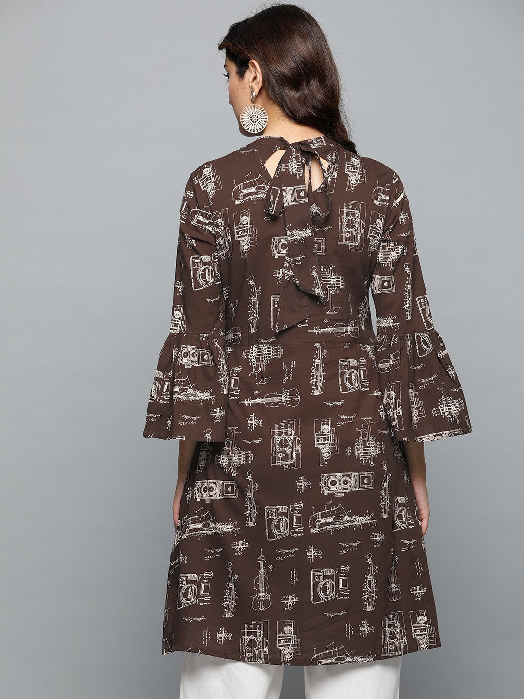 Women's Brown Printed A-Line Dress With Roll Collar & Flared Sleeves