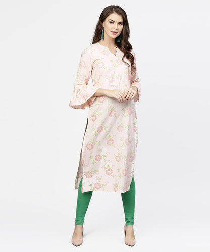 Women's Peach 3/4Th Flared Sleeve Cotton Kurta