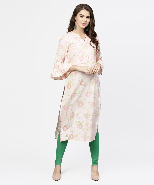 Women's Peach 3/4Th Flared Sleeve Cotton Kurta