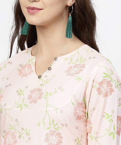 Women's Peach 3/4Th Flared Sleeve Cotton Kurta