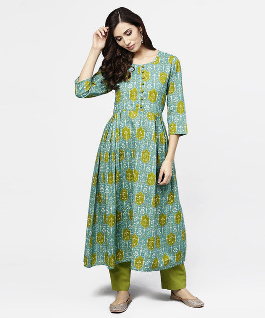 Women's Blue 3/4Th Sleeve Cotton A-Line Kurta