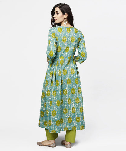 Women's Blue 3/4Th Sleeve Cotton A-Line Kurta