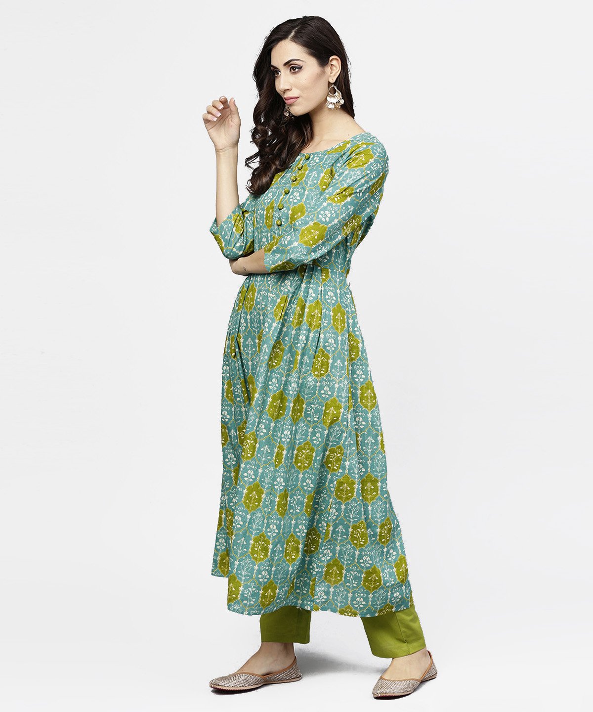 Women's Blue 3/4Th Sleeve Cotton A-Line Kurta