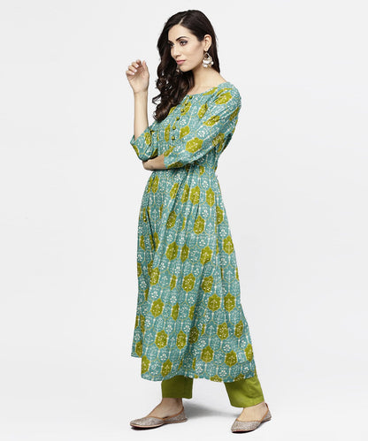 Women's Blue 3/4Th Sleeve Cotton A-Line Kurta