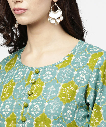 Women's Blue 3/4Th Sleeve Cotton A-Line Kurta