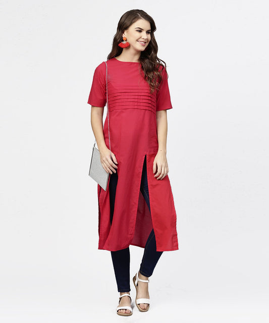 Women's Maroon Half Sleeve Cotton Multi Slit Kurta