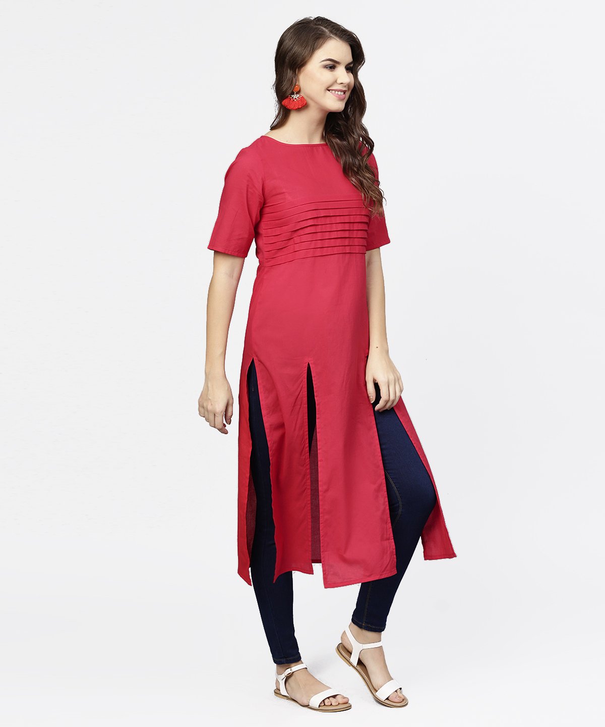 Women's Maroon Half Sleeve Cotton Multi Slit Kurta