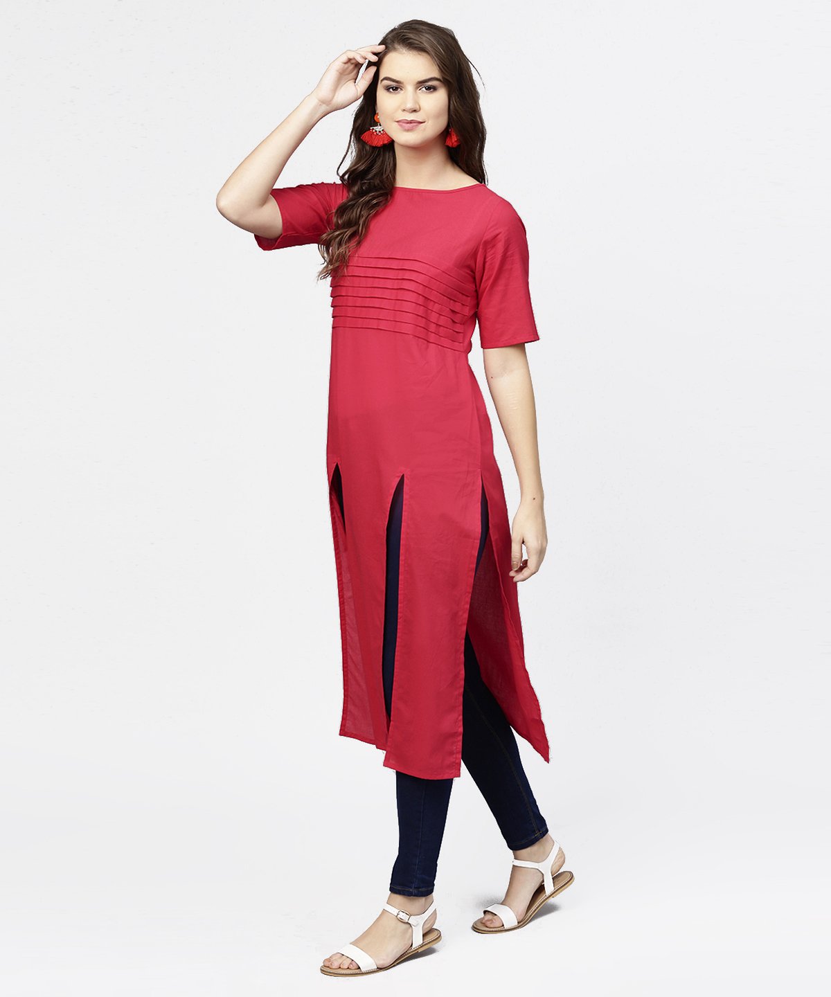 Women's Maroon Half Sleeve Cotton Multi Slit Kurta