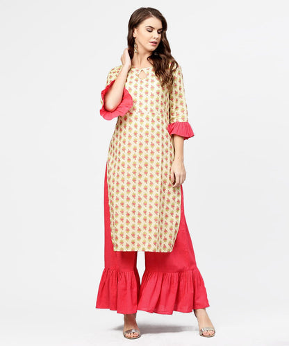 Women's Yellow & Red Printed 3/4Th Sleeve Cotton Kurta With Sharara
