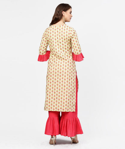 Women's Yellow & Red Printed 3/4Th Sleeve Cotton Kurta With Sharara