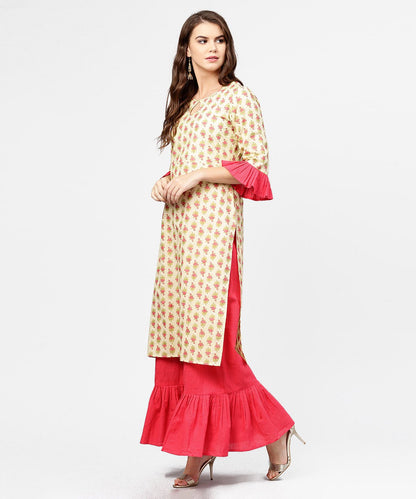 Women's Yellow & Red Printed 3/4Th Sleeve Cotton Kurta With Sharara