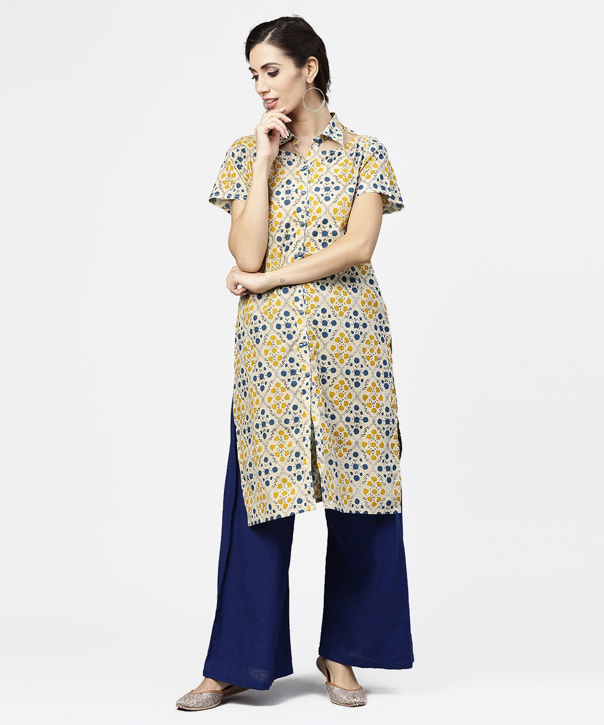 Women's Blue Short Sleeve Cotton Kurta