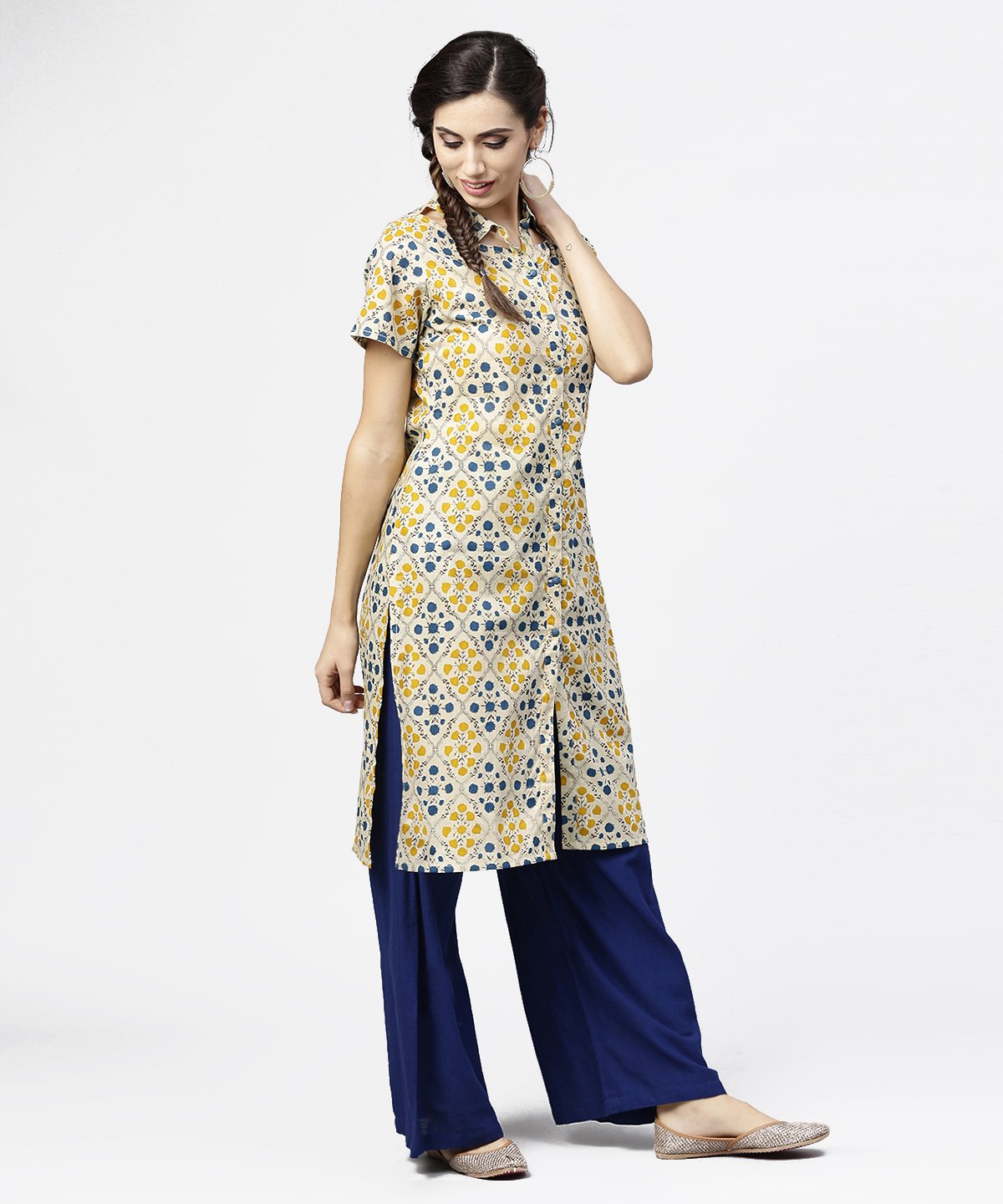 Women's Blue Short Sleeve Cotton Kurta