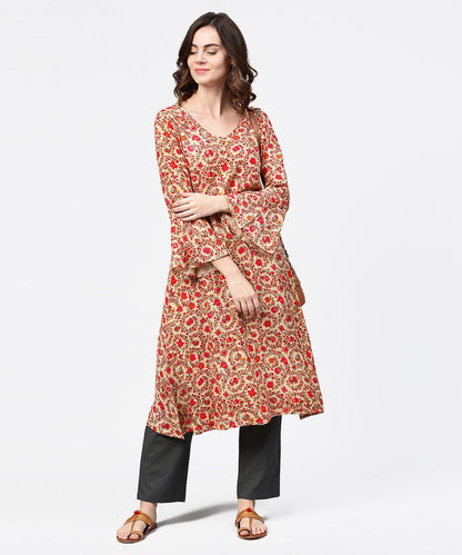 Women's Red Printed 3/4Th Sleeve Cotton A-Line Kurta
