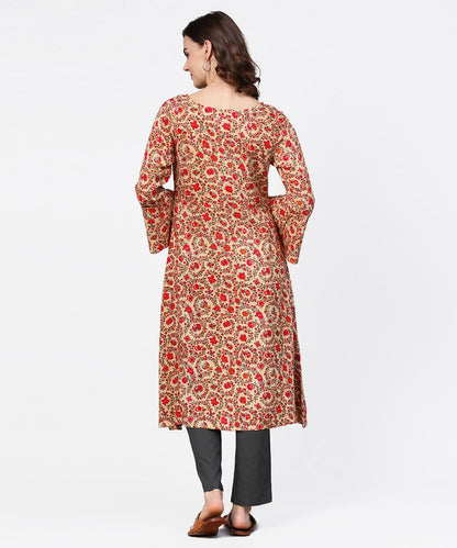 Women's Red Printed 3/4Th Sleeve Cotton A-Line Kurta