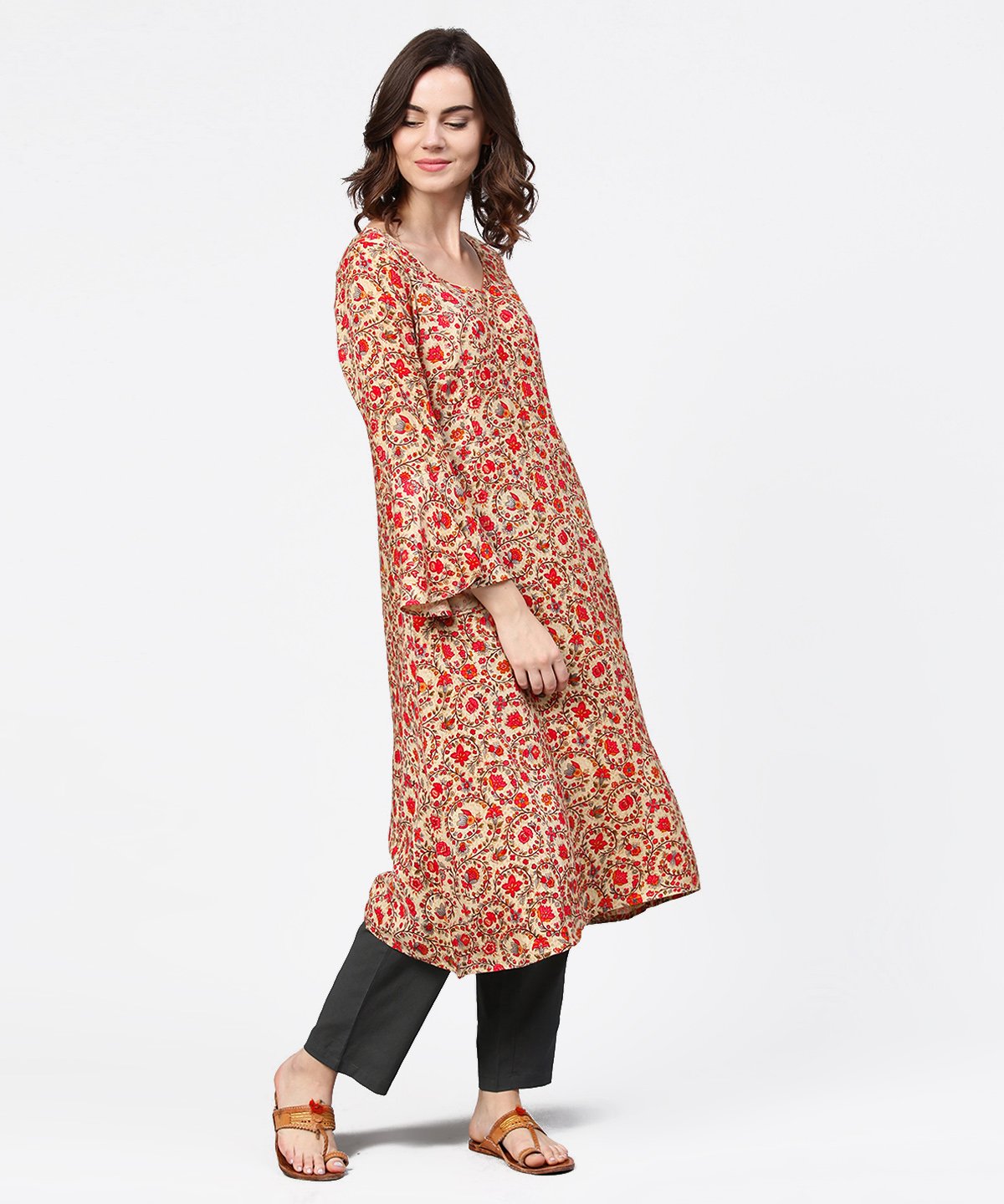 Women's Red Printed 3/4Th Sleeve Cotton A-Line Kurta