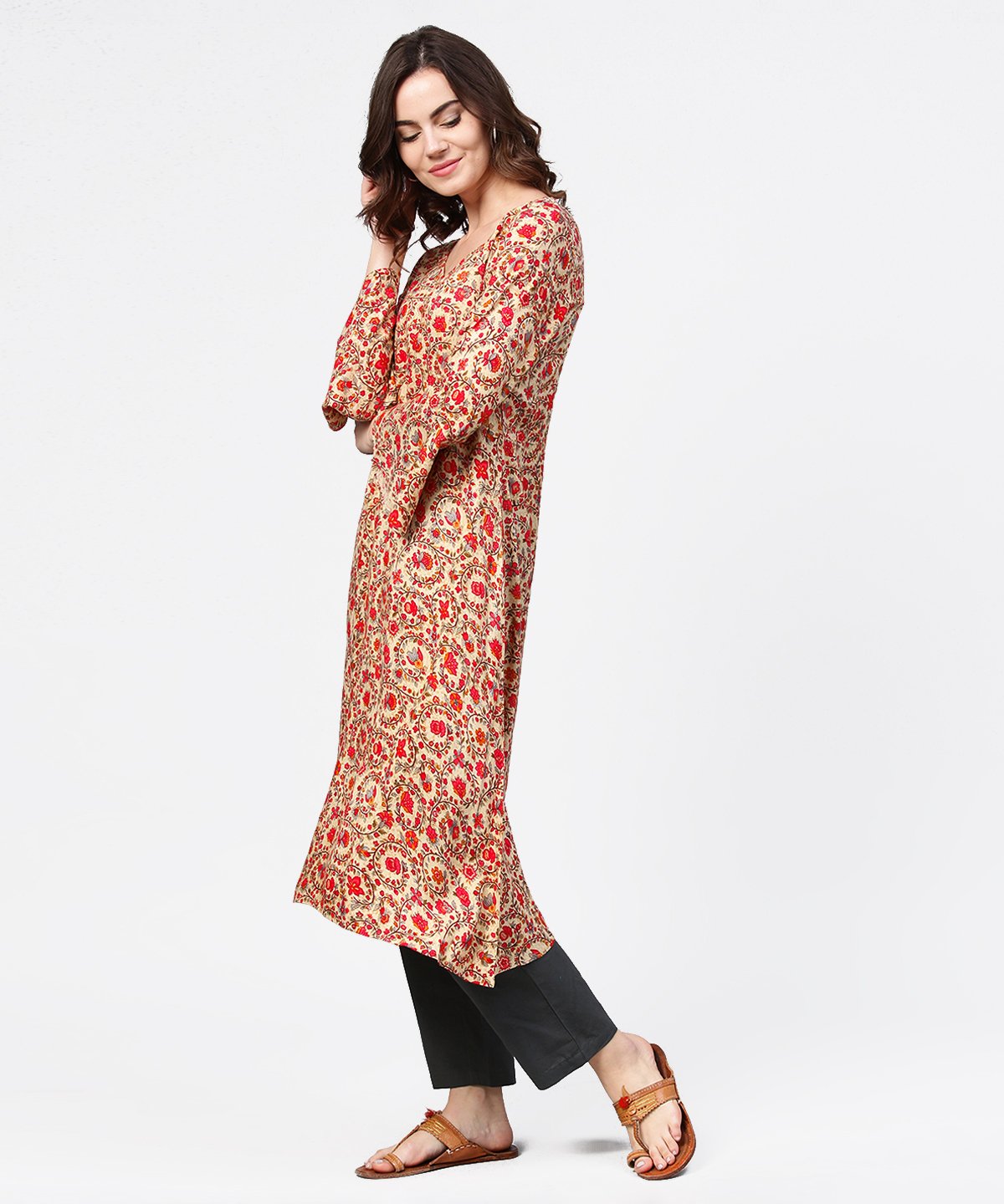 Women's Red Printed 3/4Th Sleeve Cotton A-Line Kurta