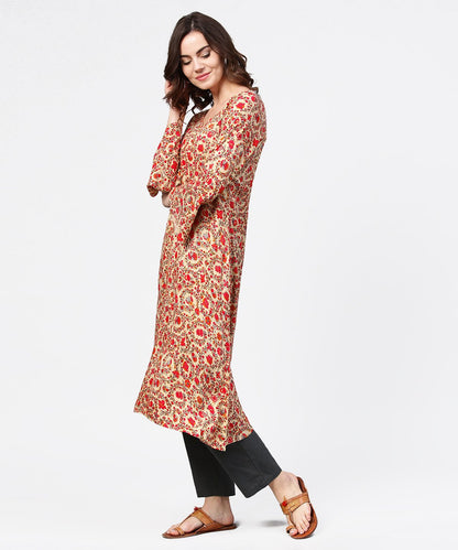 Women's Red Printed 3/4Th Sleeve Cotton A-Line Kurta