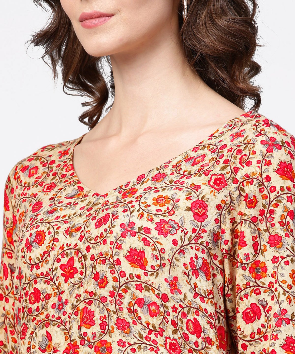 Women's Red Printed 3/4Th Sleeve Cotton A-Line Kurta