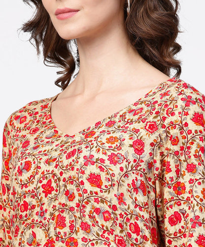 Women's Red Printed 3/4Th Sleeve Cotton A-Line Kurta