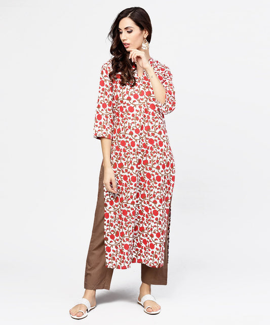 Women's Off White Printed 3/4Th Sleeve Cotton Kurta With Brown Ankle Length Pant
