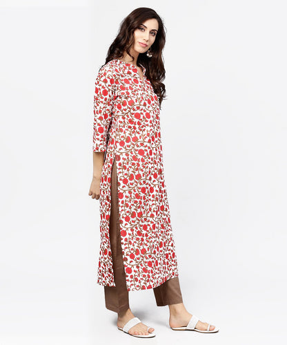 Women's Off White Printed 3/4Th Sleeve Cotton Kurta With Brown Ankle Length Pant