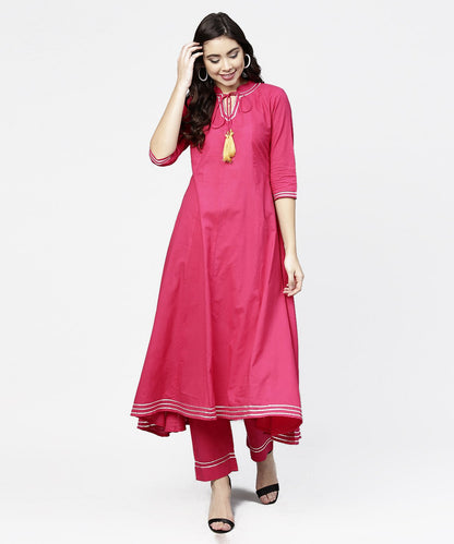Women's Pink 3/4Th Sleeve Cotton A-Line Kurta With Pink Palazzo