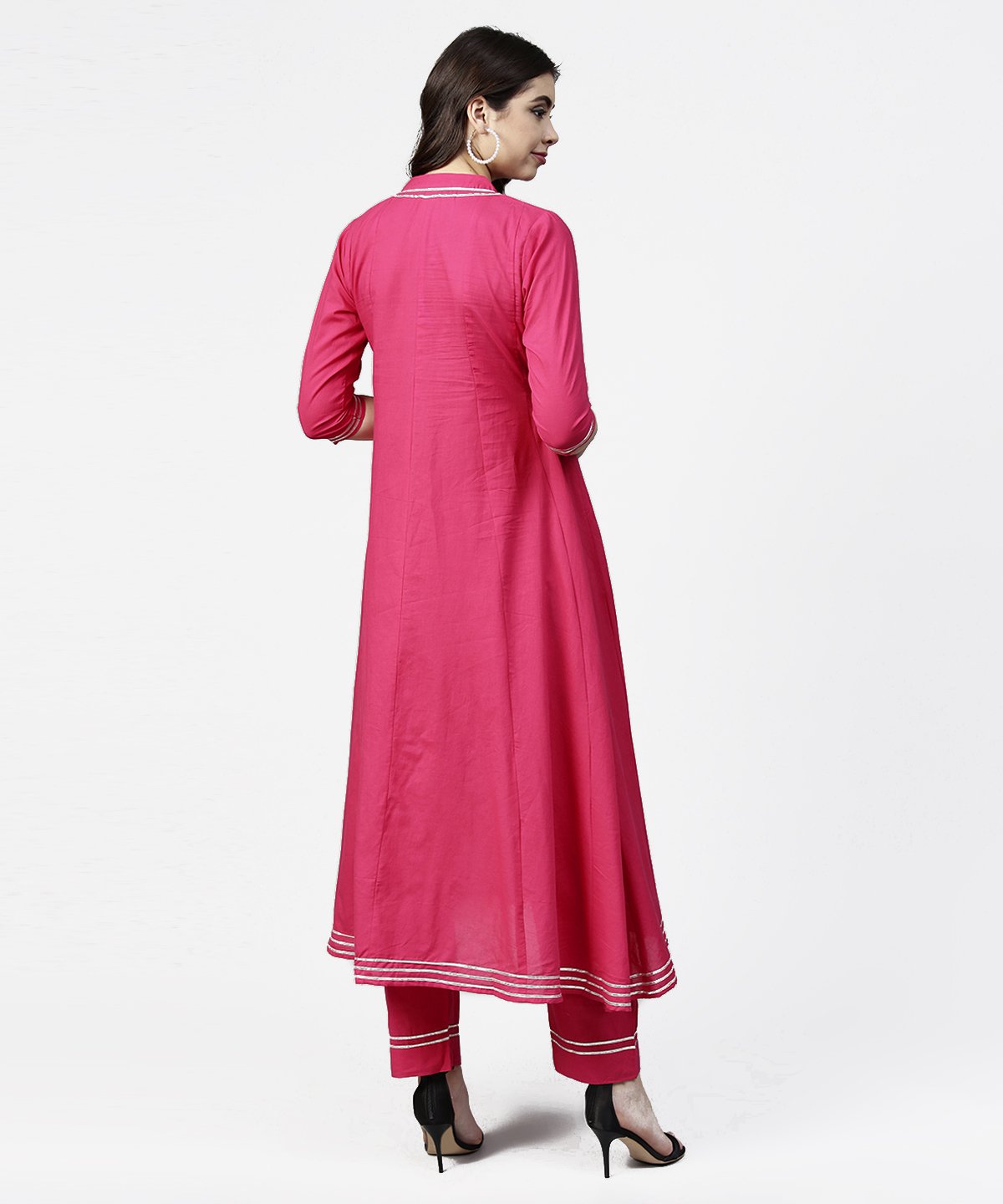 Women's Pink 3/4Th Sleeve Cotton A-Line Kurta With Pink Palazzo