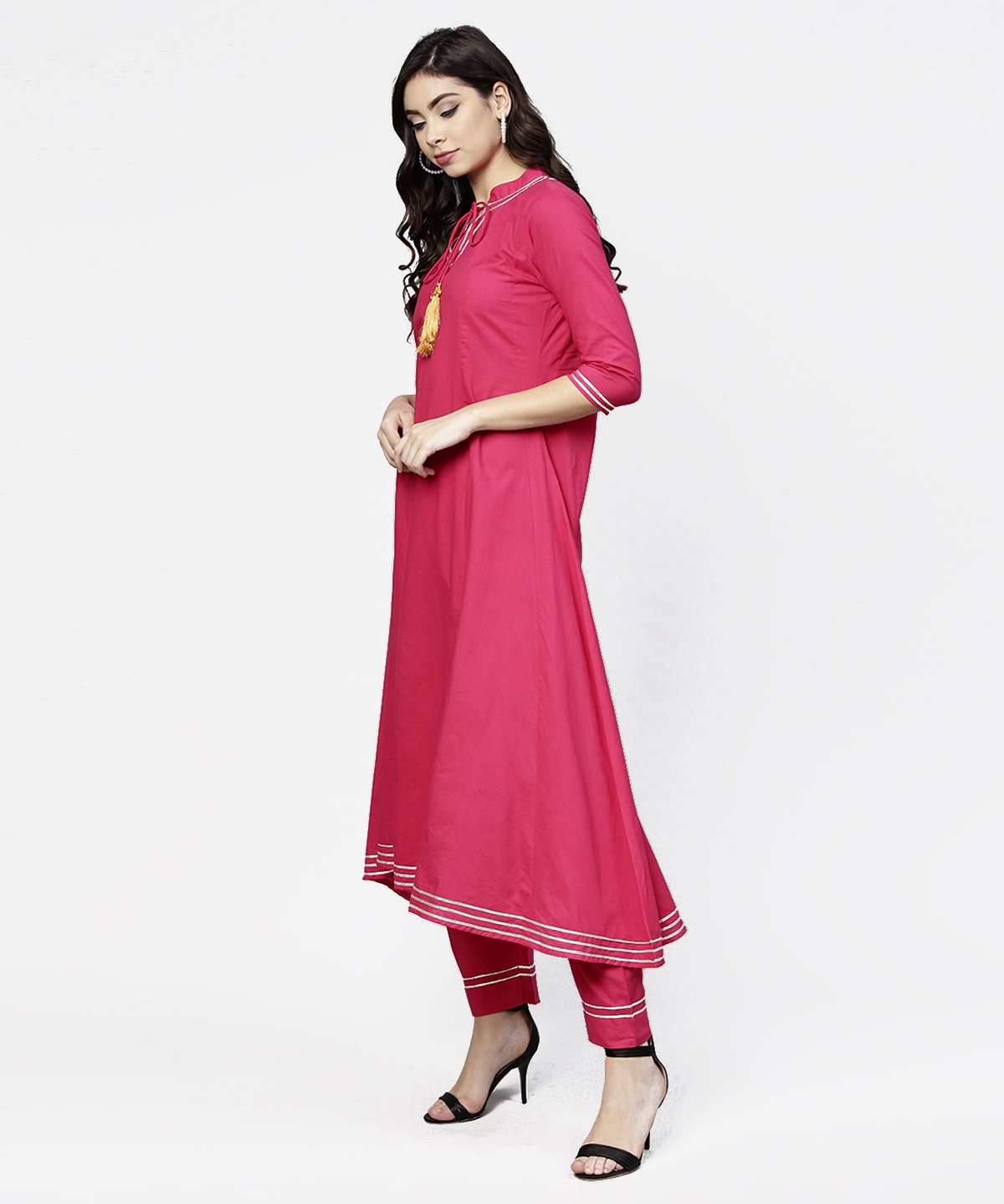 Women's Pink 3/4Th Sleeve Cotton A-Line Kurta With Pink Palazzo