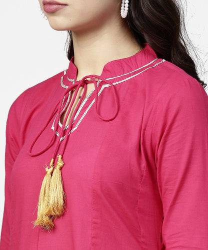Women's Pink 3/4Th Sleeve Cotton A-Line Kurta With Pink Palazzo