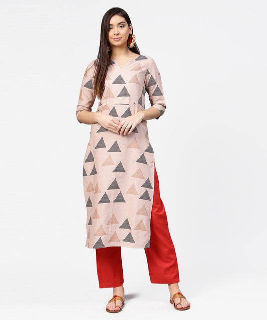 Women's Beige Printed 3/4Th Sleeve Cotton Kurta With Maroon Ankle Length Pallazo