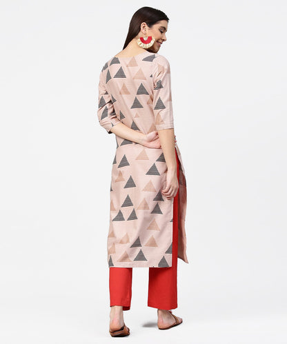 Women's Beige Printed 3/4Th Sleeve Cotton Kurta With Maroon Ankle Length Pallazo