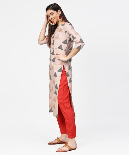 Women's Beige Printed 3/4Th Sleeve Cotton Kurta With Maroon Ankle Length Pallazo