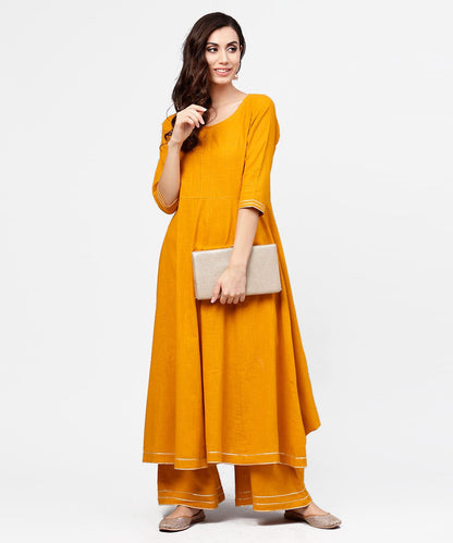 Women's Yellow 3/4Th Sleeve Cotton Anarkali Kurta With Ankle Length Flared Pallazo With Gotta Work