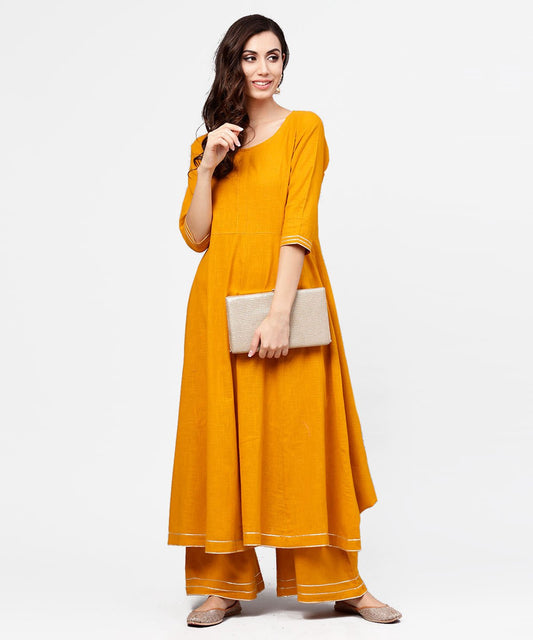 Women's Yellow 3/4Th Sleeve Cotton Anarkali Kurta With Ankle Length Flared Pallazo With Gotta Work